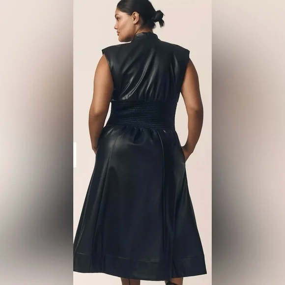 Anthropologie Tommie Cap-Sleeve Smocked Front-Zip Shirt Dress: Faux-Leat… - Picture 5 of 13